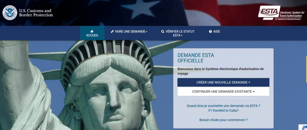 Site officiel pour faire une demande d'Esta